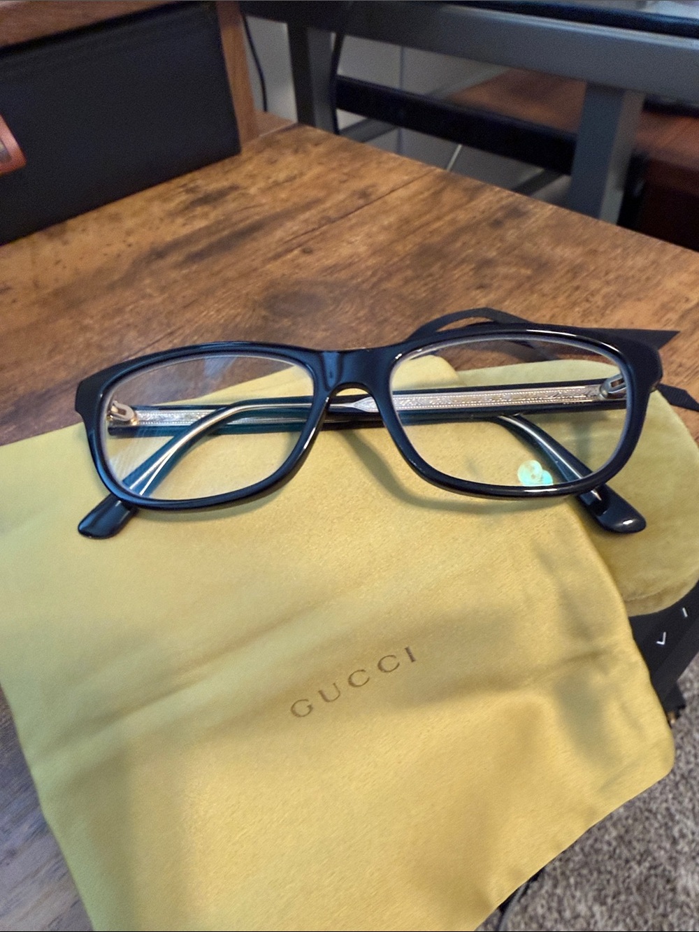 Gucci Black Frame Men's Rectangular Glasses with Gold Temples